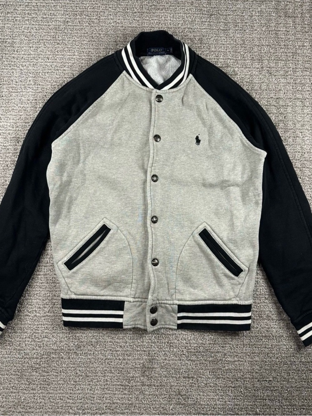 Polo by Ralph Lauren Gray and Black Varsity Bomber Jacket | Medium